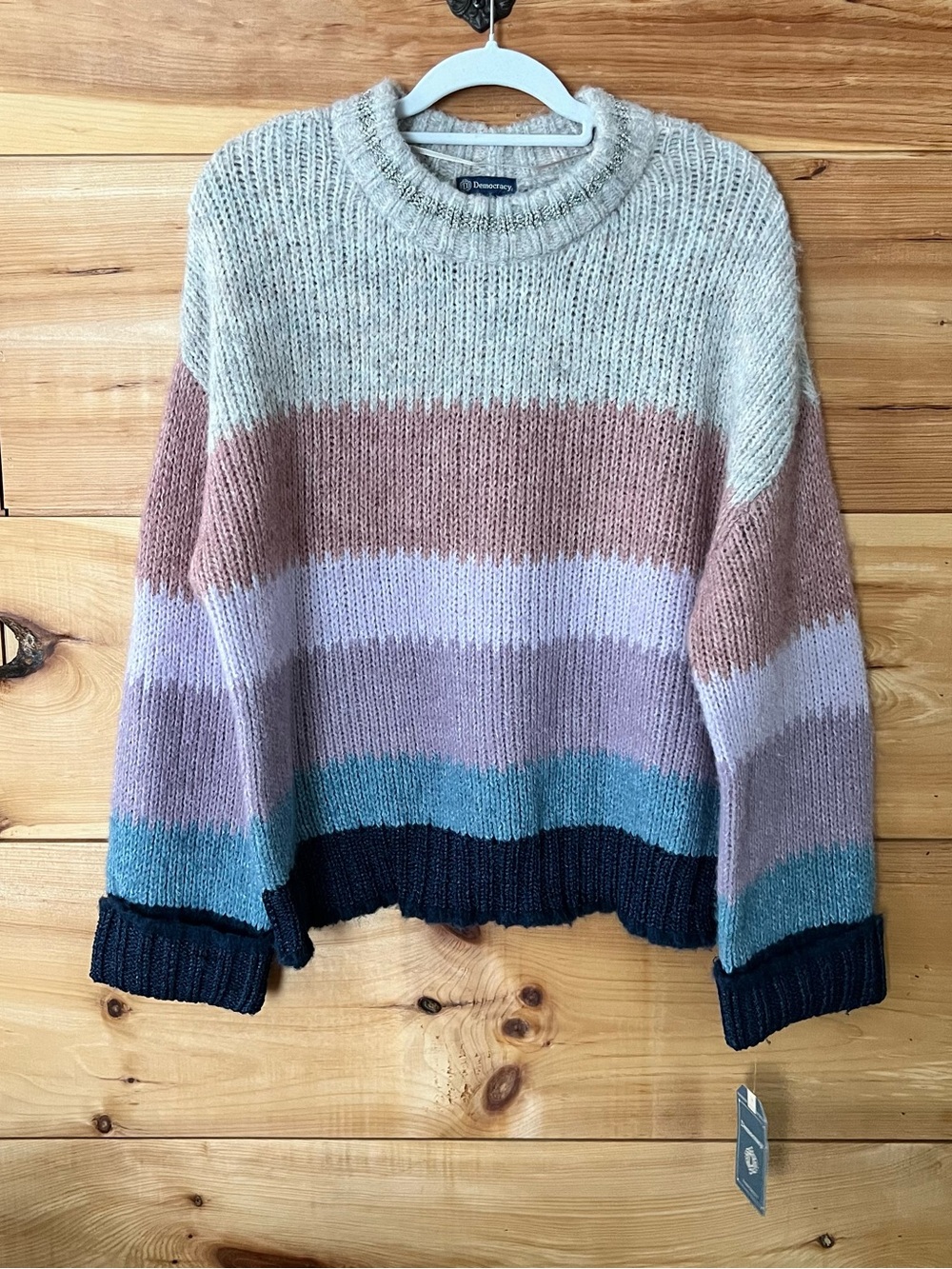 NWT Democracy Light Gray Purple Navy Striped Crewneck Soft Sweater Boho Chic
